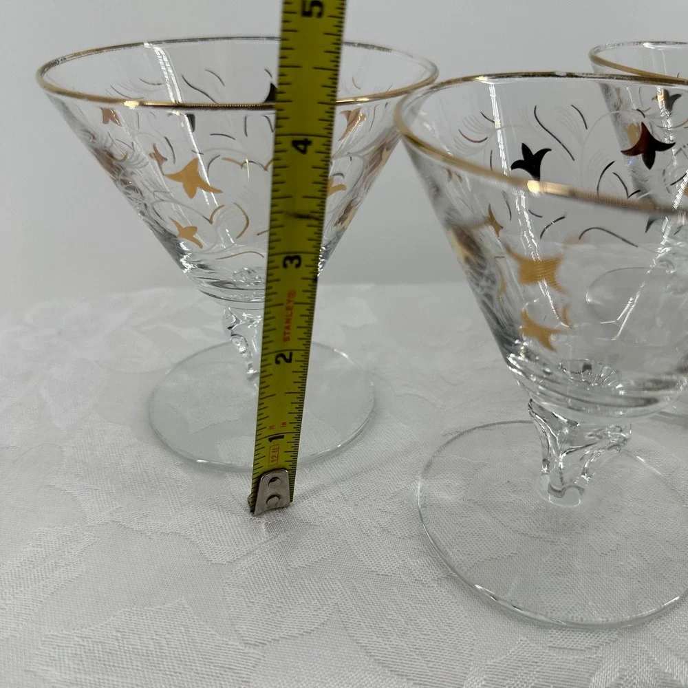 Vintage Royal Fern Martini Coupe Glasses Clear Gold Starburst Excellnt MCM Libby